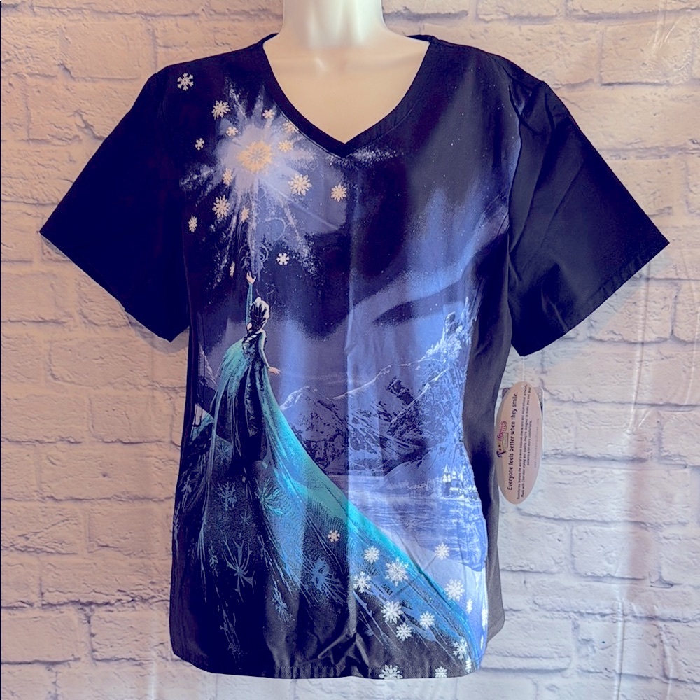 Disney Black and Blue Graphic Short Sleeve Nurse Top Pockets
